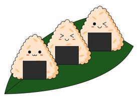 Kawaii Onigiri Set mit lächelndem Gesicht und rosa Wangen isoliert auf weißem Hintergrund. japanischer Cartoon-Stil. vektor