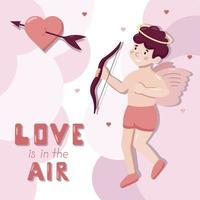 söt tecknad serie vektor hälsning fyrkant affisch med liten Amor. kärlek är i de luft text. valentine dag begrepp. ängel skjuter på de hjärta från de rosett i rosa moln.