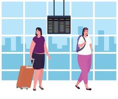 kvinnor gående i de flygplats terminal, passagerare på flygplats terminal med bagage vektor
