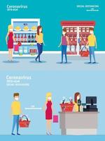 Kampagne der sozialen Distanzierung für covid 19 im Supermarkt vektor