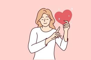 Lycklig ung kvinna håll hjärta visa med finger fråga för donation eller välgörenhet investering. leende flicka punkt på kärlek symbol i händer. tillgivenhet och vård. vektor illustration.