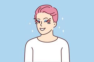 Homosexueller Mann mit rosa Haaren und Augen Make-up zwinkert in die Kamera. lächelnder schwuler kerl mit gesichts-make-up, das sich optimistisch und fröhlich fühlt. Vektor-Illustration. vektor