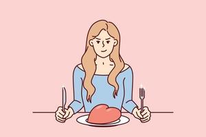 rynkar kvinna sitter på tabell med jätte hjärta i tallrik och innehar gaffel med kniv. flicka för begrepp toxisk relation och fiendskap mot Make efter besvikelse i äktenskap. platt vektor design