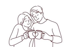 Glückliches Paar umarmt Kaffeetrinken aus Liebhaberbechern. lächelnder mann und frau umarmen sich und genießen morgentee aus süßen tassen. Vektor-Illustration. vektor