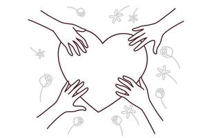 Nahaufnahme der Hände in der Nähe des Herzzeichens teilen Liebe und Fürsorge. Verschiedene Menschen, die das Herz berühren, zeigen Zuneigung und Dankbarkeit. Vektor-Illustration. vektor