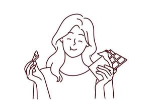Lycklig ung kvinna äter choklad. leende flicka känna glad njut av ljuv bar eller socker efterrätt. vektor illustration.