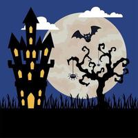 Fröhliches Halloween-Banner mit Schloss, das in dunkler Nacht heimgesucht wird vektor