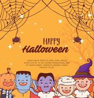 Gruppenkinder, die sich für eine fröhliche Halloween-Feier verkleiden vektor