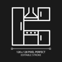 Küchenset Pixel perfektes weißes lineares Symbol für dunkles Thema. Arbeitsplatten und Geräte. Kühlschrank, Herd. Möbelgeschäft. dünne Liniendarstellung. isoliertes Symbol für Nachtmodus. editierbarer Strich vektor