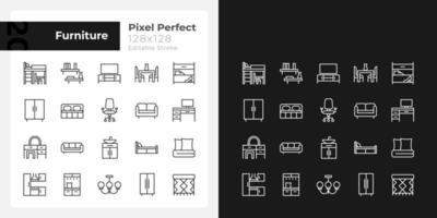 möbel avdelning pixel perfekt linjär ikoner uppsättning för mörk, ljus läge. möblering för levande rum, sovrum. hemutrustning. tunn linje symboler för natt, dag tema. isolerat illustrationer. redigerbar stroke vektor