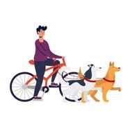 junger Mann auf dem Fahrrad mit Hunden vektor