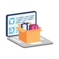 Online-E-Commerce auf Laptop mit Box und Einkaufstasche vektor
