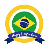 glad självständighetsdag Brasilien kort med flagga och band ram platt stil vektor