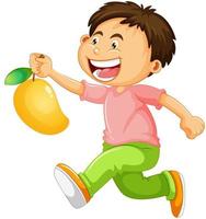 en pojke som håller mango frukt seriefiguren isolerad på vit bakgrund vektor
