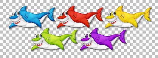 Satz von vielen lächelnden niedlichen Hai-Zeichentrickfiguren vektor