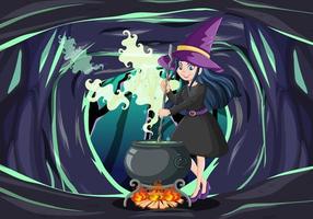 Zauberer oder Hexe mit Zaubertopf auf dunklem Höhlenhintergrund vektor