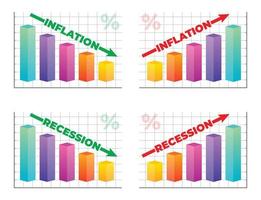 3D-Infografik von Inflation und Rezession bunter Balken mit Pfeildiagramm, das auf und ab geht Wachstum von Finanz- und Wirtschaftsgeschäften isoliert auf weißem Hintergrund.