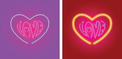 Liebesform und Liebestext mit Leuchtreklamelichteffekt lokalisiert auf purpurrotem und rotem Hintergrund. vektor