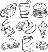 Vektor-Set von handgezeichneten Fast-Food-Illustrationen, mit Burger, Hot Dog, Pizza, Sandwich, Hamburger, Sodabecher, Eis, Pommes Frites, Kaffeetasse, Taco, Cupcake, Croissant.