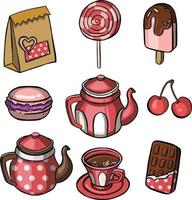 te, kaffe, bakverk, kakor och macaroons ikoner. illustration vektor