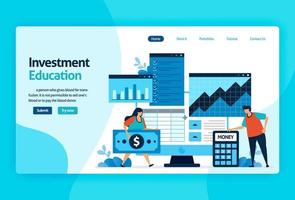 Landing Page Vector Design für Investment Education. Kapitalrendite mit Planungs-, Aktien- und Investmentfonds, festverzinslichen Wertpapieren, Geldmarkt. für Banner, Illustration, Web, Website, mobile Apps