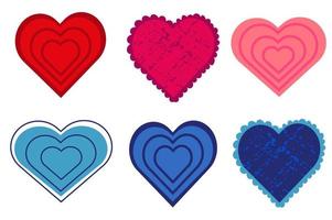 Set aus roten, rosa und blauen Herzen. Herzen mit unterschiedlichem Design. Liebe Retro-Vintage-Icon-Sticker-Set. valentinstag-illustrationsvektor. vektor