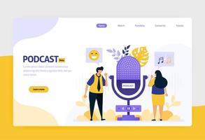 Landing Page Vector Flat Design Illustration von Podcast-Rundfunk. Internet-Technologie, modernes öffentliches Interview und Online-Berichterstattung mit Audio. für Websites, mobile Apps, Banner, Flyer, Broschüre