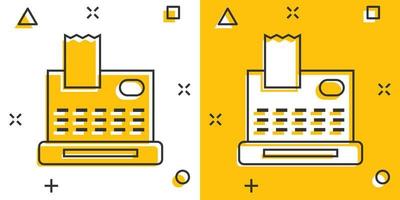 kontanter Registrera ikon i komisk stil. kolla upp maskin tecknad serie vektor illustration på vit isolerat bakgrund. betalning stänk effekt företag begrepp.