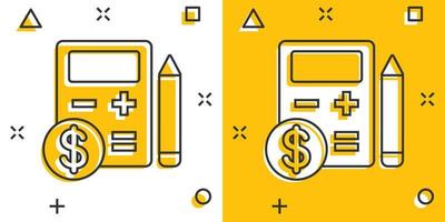 beskatta betalning ikon i komisk stil. budget faktura tecknad serie vektor illustration på vit isolerat bakgrund. kalkylator med dollar mynt och penna stänk effekt företag begrepp.