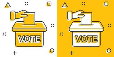 Abstimmungssymbol im Comic-Stil. Wahlurne Cartoon-Vektor-Illustration auf weißem Hintergrund isoliert. Wahl-Splash-Effekt-Geschäftskonzept. vektor
