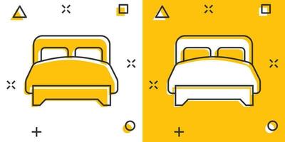 säng ikon i komisk stil. sovrum tecknad serie tecken vektor illustration på vit isolerat bakgrund. säng stänk effekt företag begrepp.