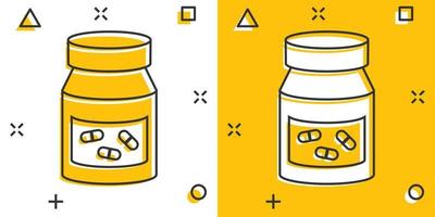 Tablettenfläschchen-Symbol im Comic-Stil. Drogen Cartoon-Vektor-Illustration auf weißem Hintergrund isoliert. Geschäftskonzept mit Splash-Effekt für Apotheken. vektor