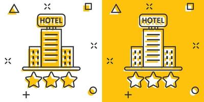 hotell 3 stjärnor tecken ikon i komisk stil. värdshus byggnad tecknad serie vektor illustration på vit isolerat bakgrund. vandrarhem rum stänk effekt företag begrepp.