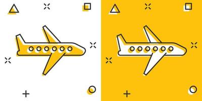 Flugzeug-Symbol im Comic-Stil. Flugzeugkarikatur-Vektorillustration auf weißem lokalisiertem Hintergrund. Geschäftskonzept mit Splash-Effekt für Fluglinienflugzeuge. vektor