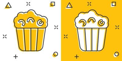 Filmikone im Comic-Stil. Popcorn-Cartoon-Vektorillustration auf weißem, isoliertem Hintergrund. Geschäftskonzept mit Popcorn-Eimer-Splash-Effekt. vektor