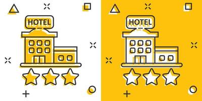 Hotel 3-Sterne-Schild-Symbol im Comic-Stil. gasthausgebäude-karikaturvektorillustration auf weißem lokalisiertem hintergrund. Geschäftskonzept mit Splash-Effekt für Hostelzimmer. vektor