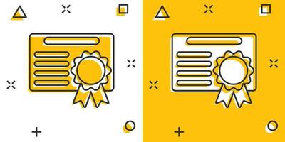 certifikat ikon i komisk stil. licens bricka vektor tecknad serie illustration på vit isolerat bakgrund. vinnare medalj stänk effekt företag begrepp.