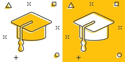 gradering hatt ikon i komisk stil. studerande keps tecknad serie vektor illustration på vit isolerat bakgrund. universitet stänk effekt företag begrepp.