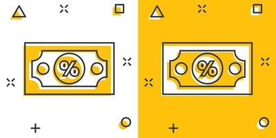 dollar valuta sedel ikon i komisk stil. dollar kontanter rabatt tecknad serie vektor illustration på vit isolerat bakgrund. sedel räkningen med procent stänk effekt företag begrepp.