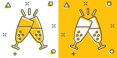 Sektglas-Ikone im Comic-Stil. Alkohol trinken Vektor-Cartoon-Illustration auf weißem Hintergrund isoliert. Geschäftskonzept mit Cocktail-Splash-Effekt. vektor