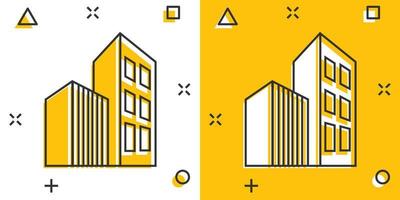 Gebäude-Ikone im Comic-Stil. Wolkenkratzer Cartoon-Vektor-Illustration auf weißem Hintergrund isoliert. Architektur-Splash-Effekt-Geschäftskonzept. vektor