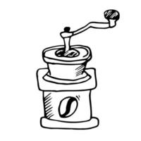 Klassische Kaffeemühle im Holzkasten. Doodle-Kaffeemühle-Symbol im Vektor. hand gezeichnete kaffeemühlenillustration im vektor. vektor