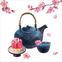 aquarellillustration der japanischen teezeremonie, zusammensetzung der dunkelblauen keramikteekanne, schüssel tee, wagashi mit sakura-blume und kirschblütenzweigen, lokalisiert auf weißem hintergrund. vektor