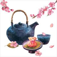 Aquarellillustration der japanischen Teezeremonie, Zusammensetzung der dunkelblauen Keramikteekanne, Schüssel Tee, Sakuramochi mit Teetuchverpackung und Kirschblütenzweigen, lokalisiert auf weißem Hintergrund. vektor