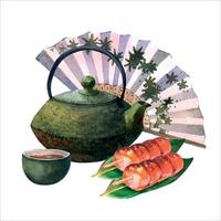 aquarell asiatisches teeset mit dack grüner teekanne, grüner tasse tee, dongo auf blättern von nory und japan fan, isolieren auf weißem hintergrund. Teekomposition für Ihr Design. vektor