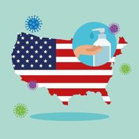 USA Karte und Flagge mit covid19 Partikeln und antibakterieller Flasche vektor