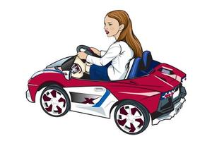 liten flicka på en barn elektrisk bil i röd och vit med blå Ränder vektor