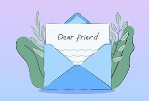 Zusammensetzung von Blättern und Buchstaben. Karte an einen Freundtag senden. Papierpost. geöffneter Umschlag mit Grußkarte. Post. süßer Anime-Cartoon-Stil. y2k. vektor