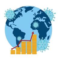 planetjord med covid19-partiklar och statistikpilar i mynt vektor