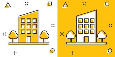 Vektor-Cartoon-Gebäude mit Bäumen im Comic-Stil. Hauszeichen Abbildung Piktogramm. Geschäftskonzept Splash-Effekt aufbauen. vektor
